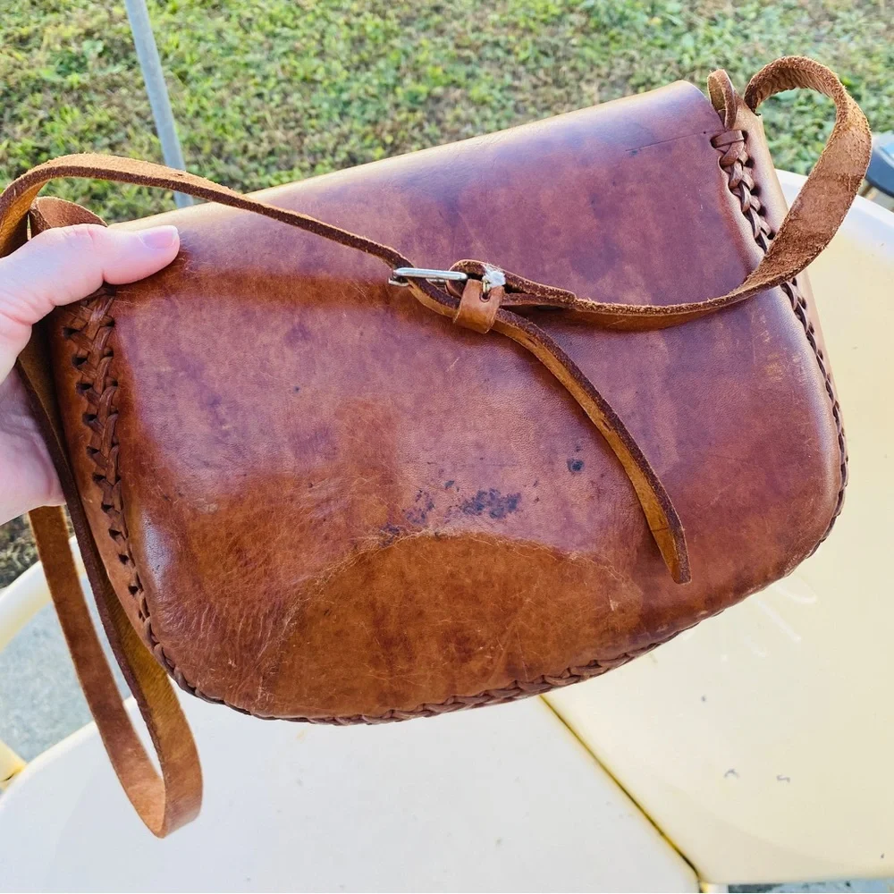 Tooled leather flap top brown crossbody bag handmade bohemian hippie